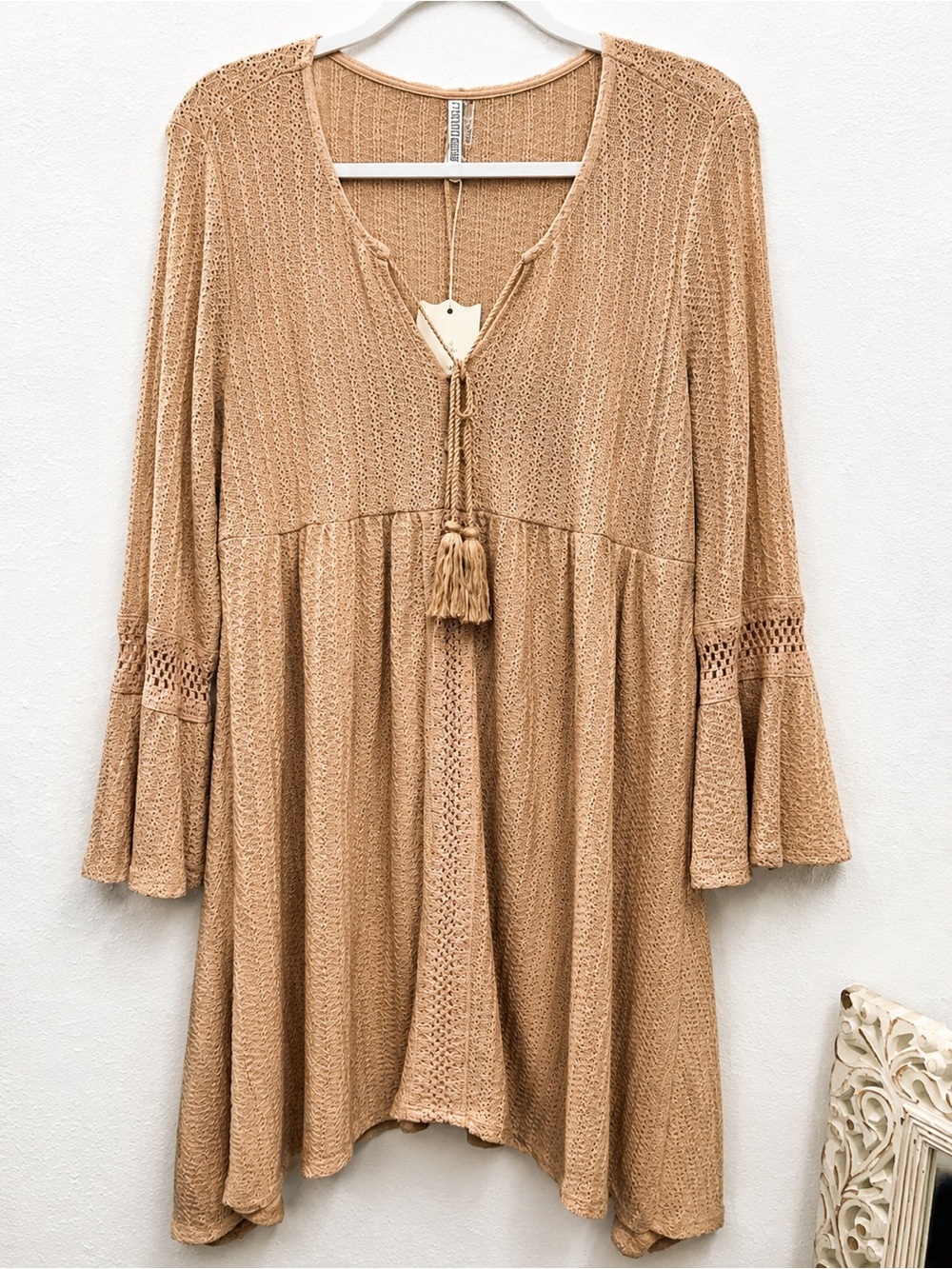 Monoreno Beige Boho Tassel Tie Long-Sleeve Dress